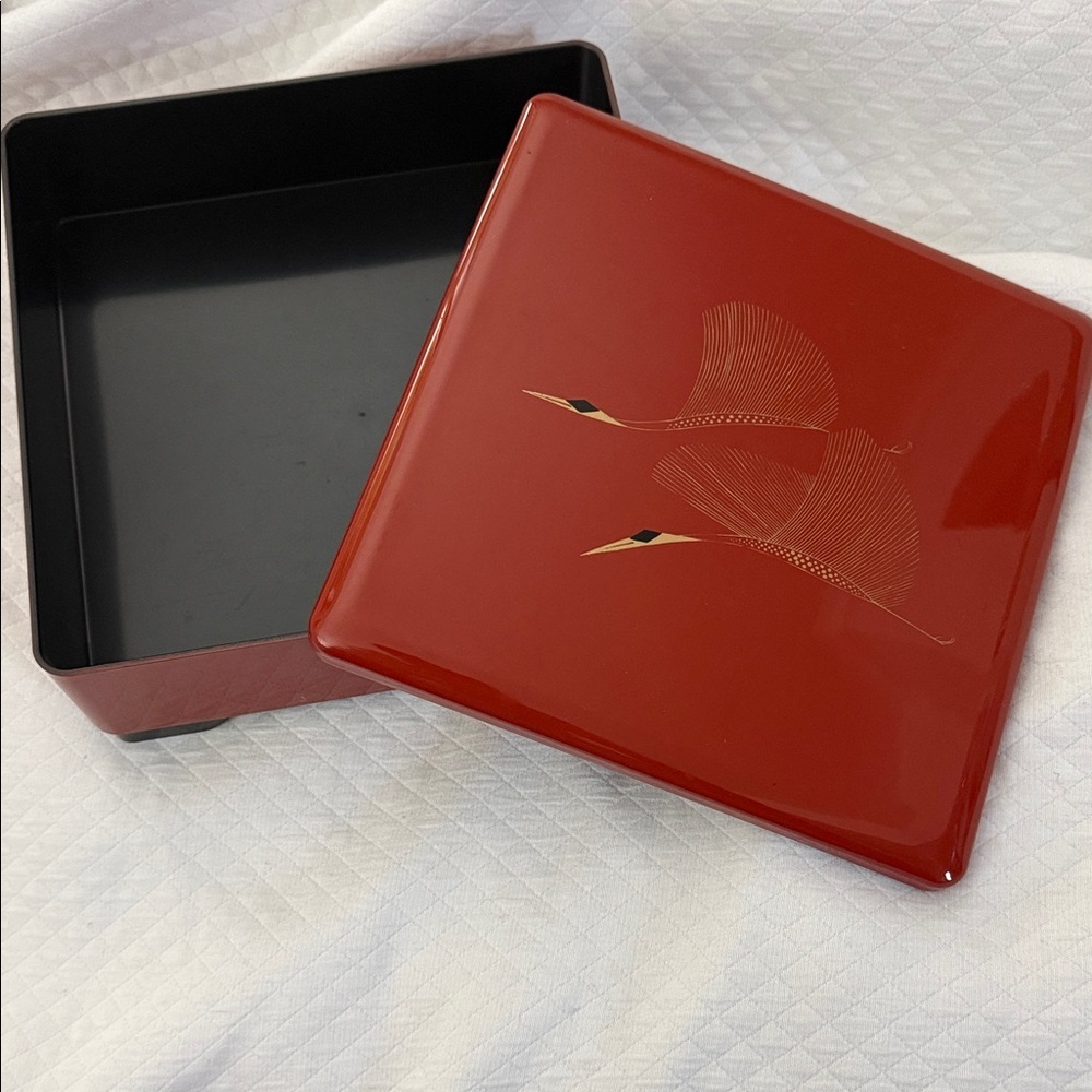 Vintage Japanese Red Lacquer Box - Gold Crane Motif - Footed Base